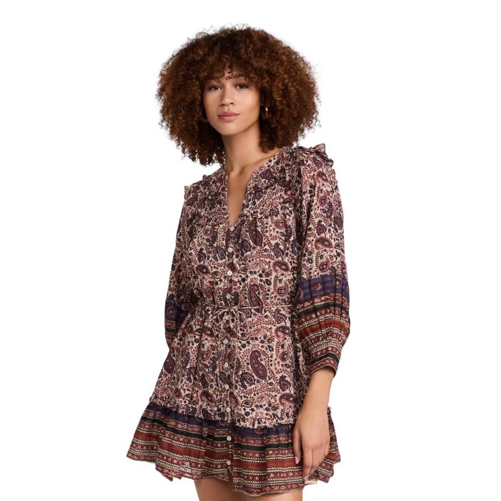 Cleobella Reign Mini Dress V Neck Button Front Paisley Floral Women's Small